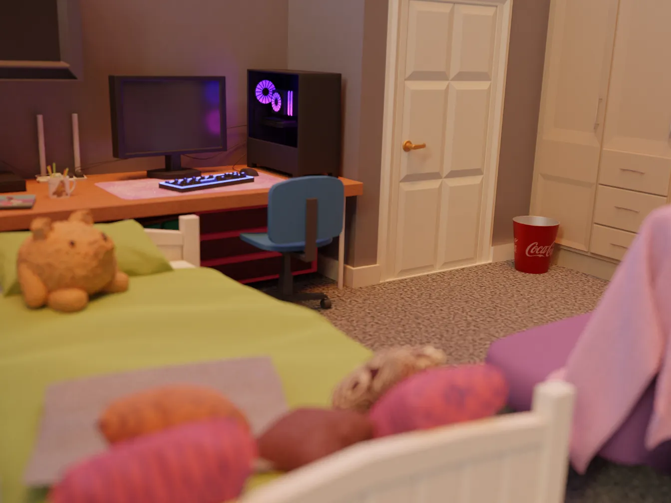 a 3d render of a bedroom with a single bed, a sofa bed couch, a tv on the wall, built in wardrobes and a double window